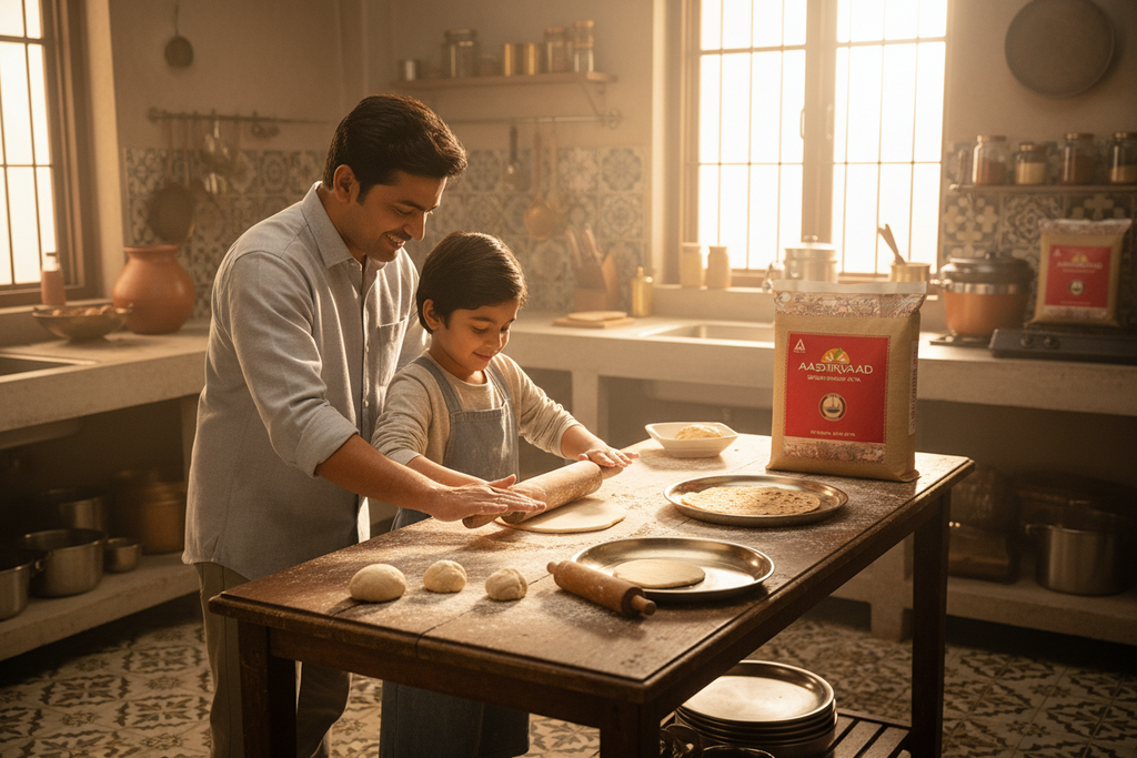 Family making chapathi with Aashirvaad Atta